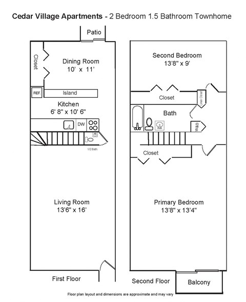 Floor plan for 2 beds, 1.5 baths